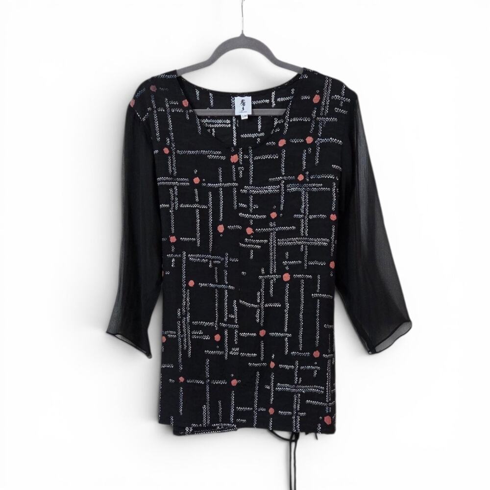 Yasuko Art to Wear Black White Pink Kimono Material Silk Blouse, Small/Medium